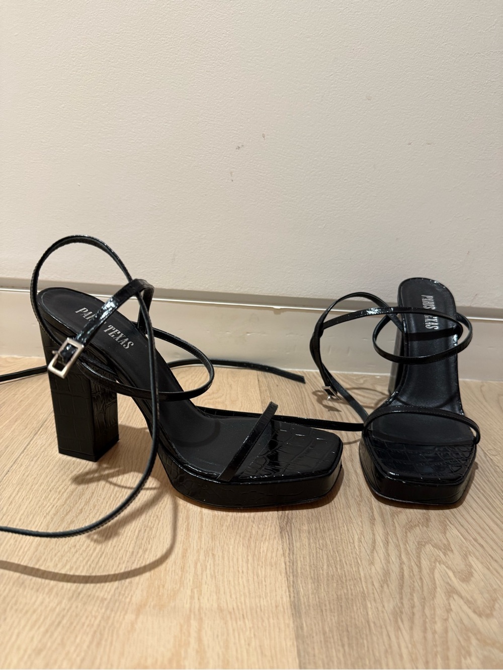 Paris Texas Black Croc-Embossed Strappy Block Heel Sandals